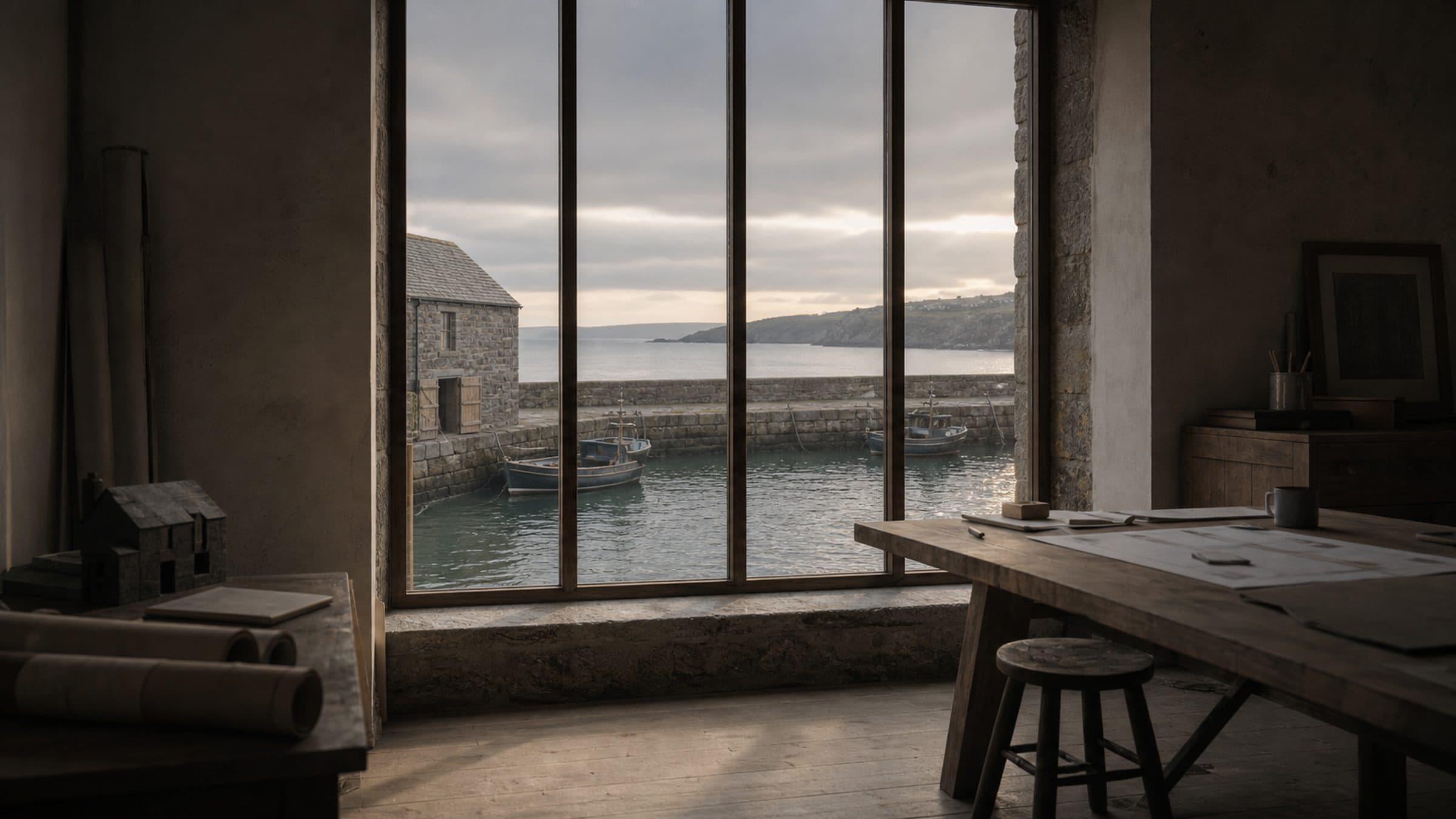 A tall quayside window in the Velora atelier, looking out over moored boats in flat morning light.