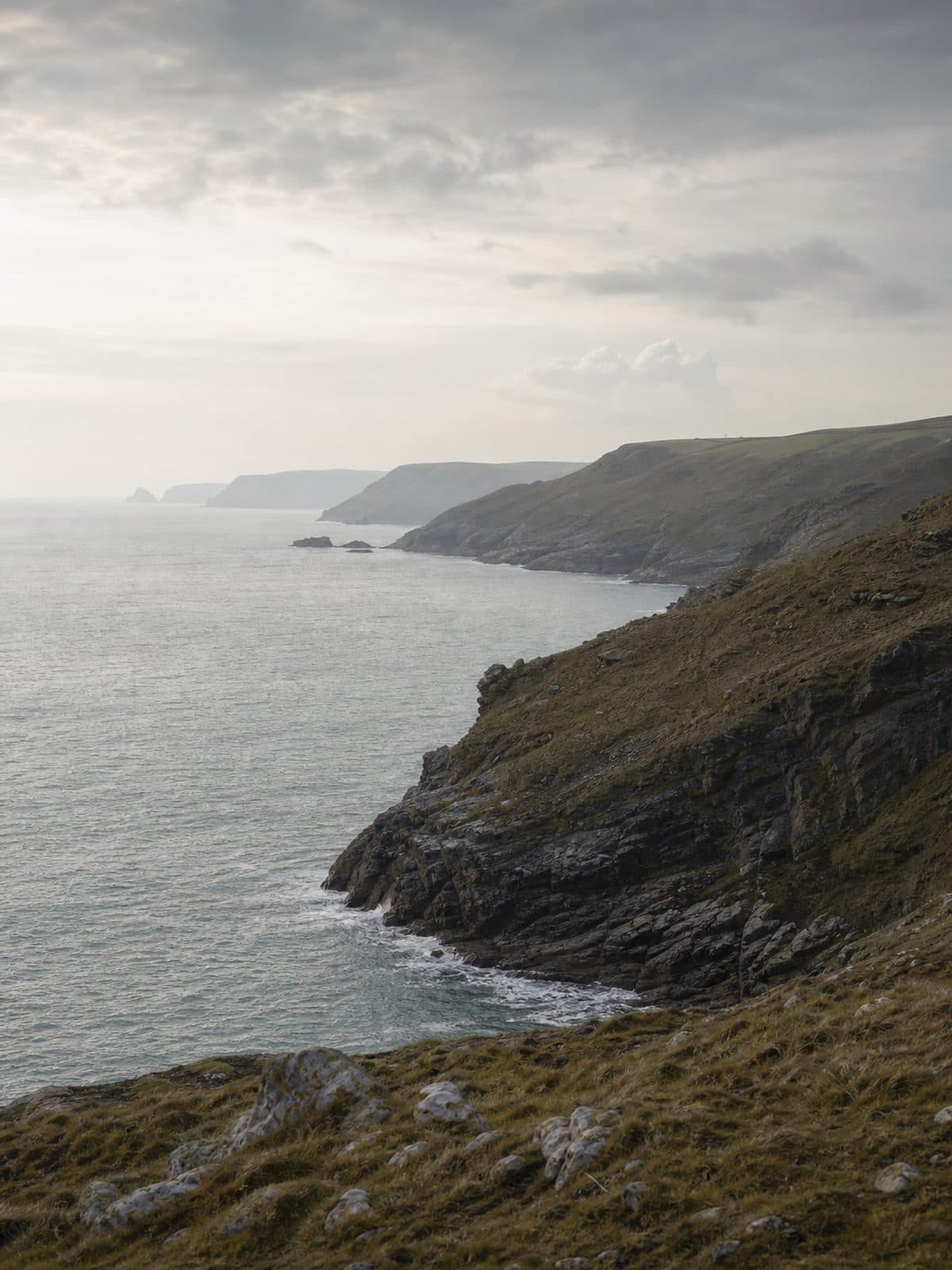 A wide winter view along an undeveloped coastline, headlands receding into pale light.