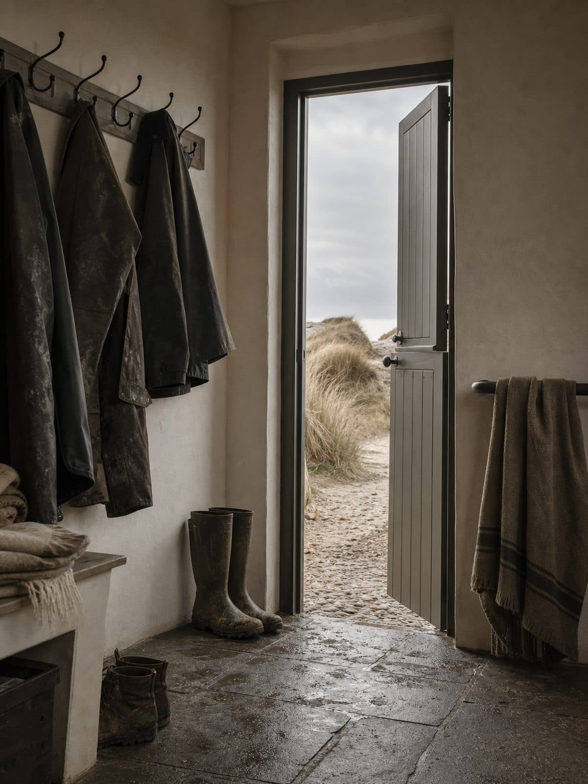 A boot room with wet oilskins, a stone floor and a door open onto a windy dune path.