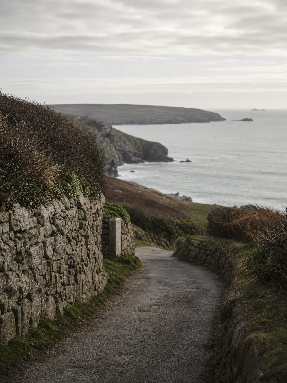 A coastal lane between granite walls, leading toward the sea between wind-shaped hedgerows.