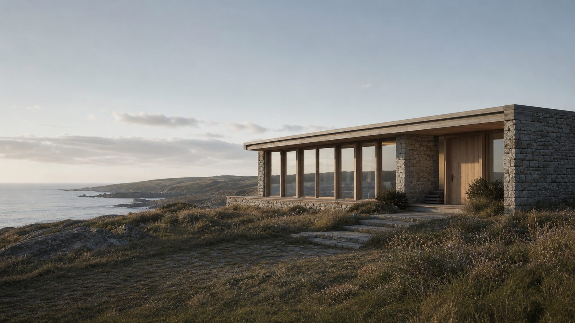 A granite and glass house on a level shelf above the sea, photographed in clear afternoon light.