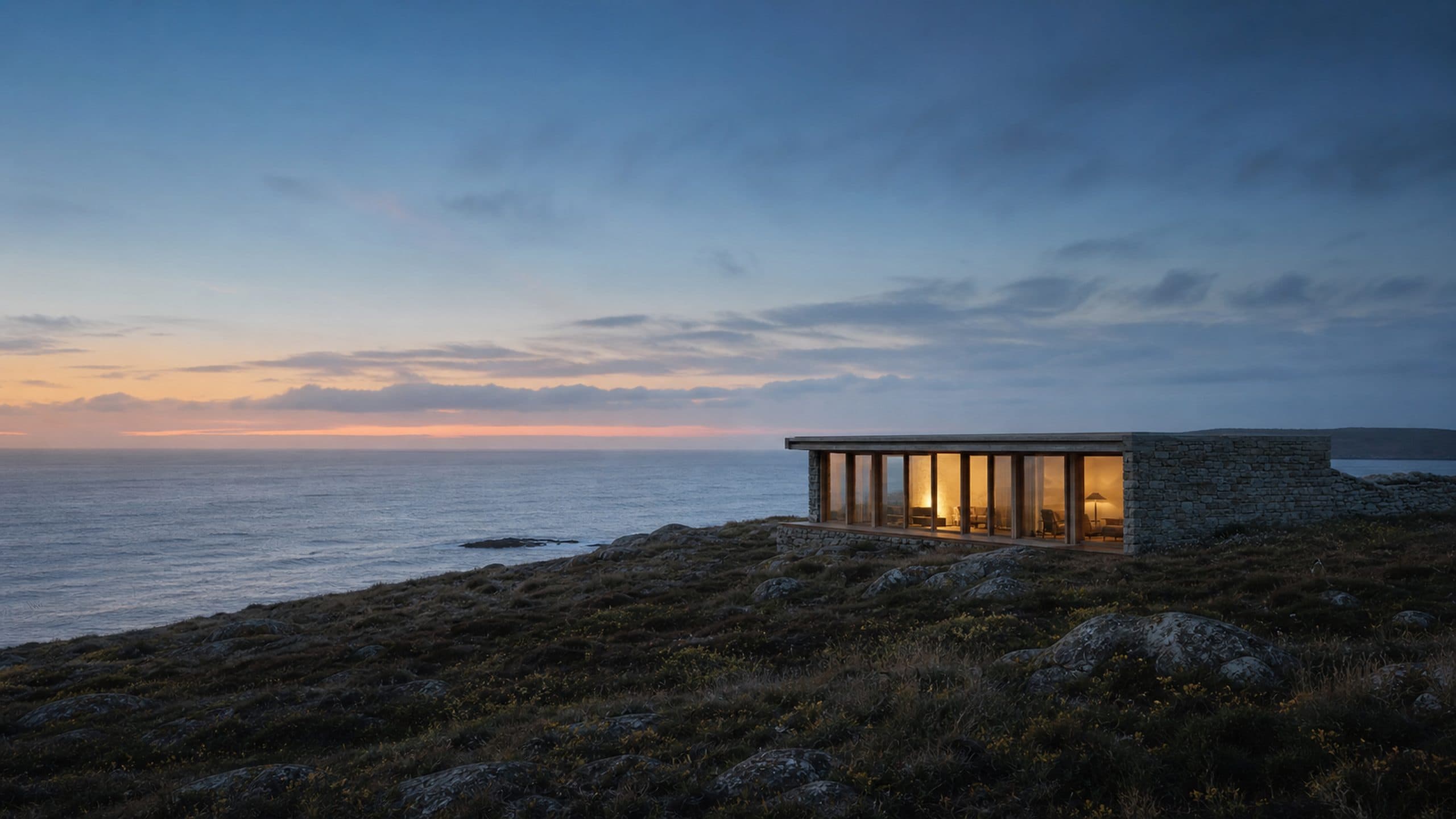 A granite and glass house on a headland at dusk, seen from the air with the Atlantic beyond it.