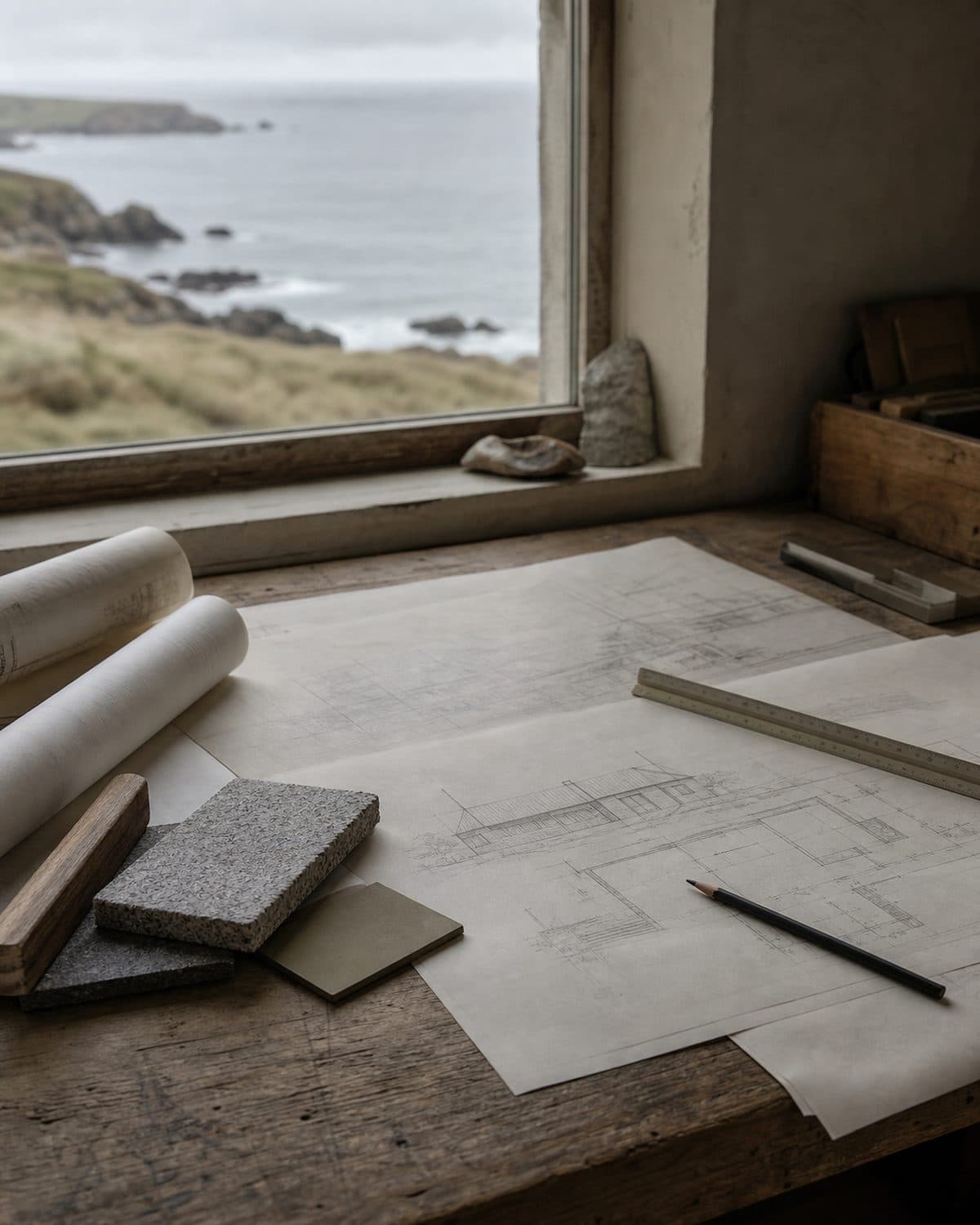 A workbench in a coastal atelier with drawings, stone samples and oak offcuts under a north window.