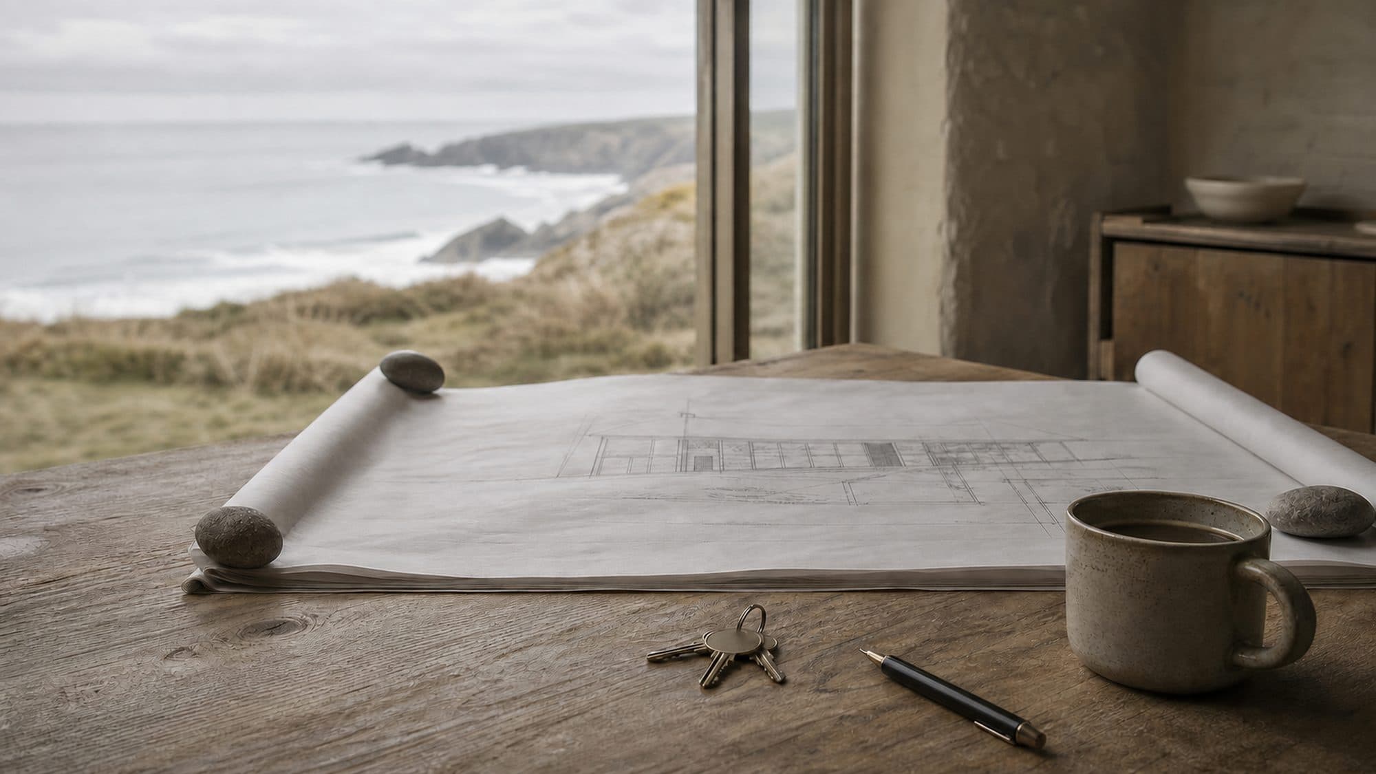 A quiet study table with a survey drawing, a set of keys and a coffee cup in soft daylight.