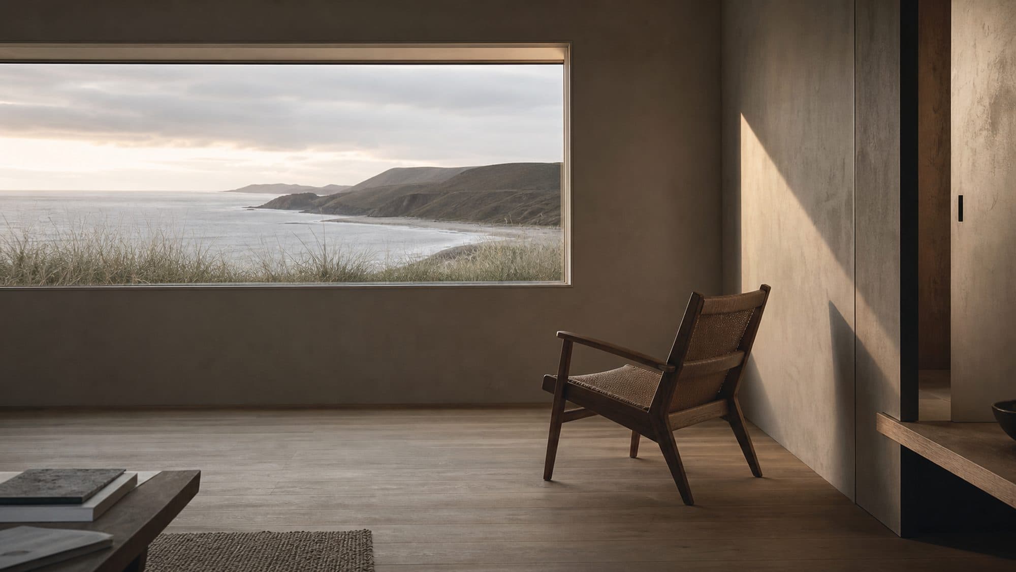 An empty, carefully composed room in early morning light, with a single chair and a long window.