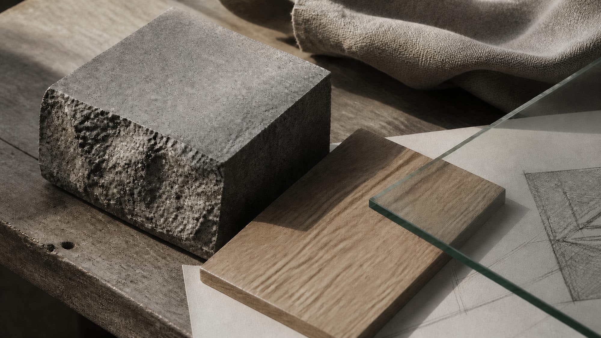 A material study: dry-jointed granite, oiled oak and a pane of glass meeting in raking light.