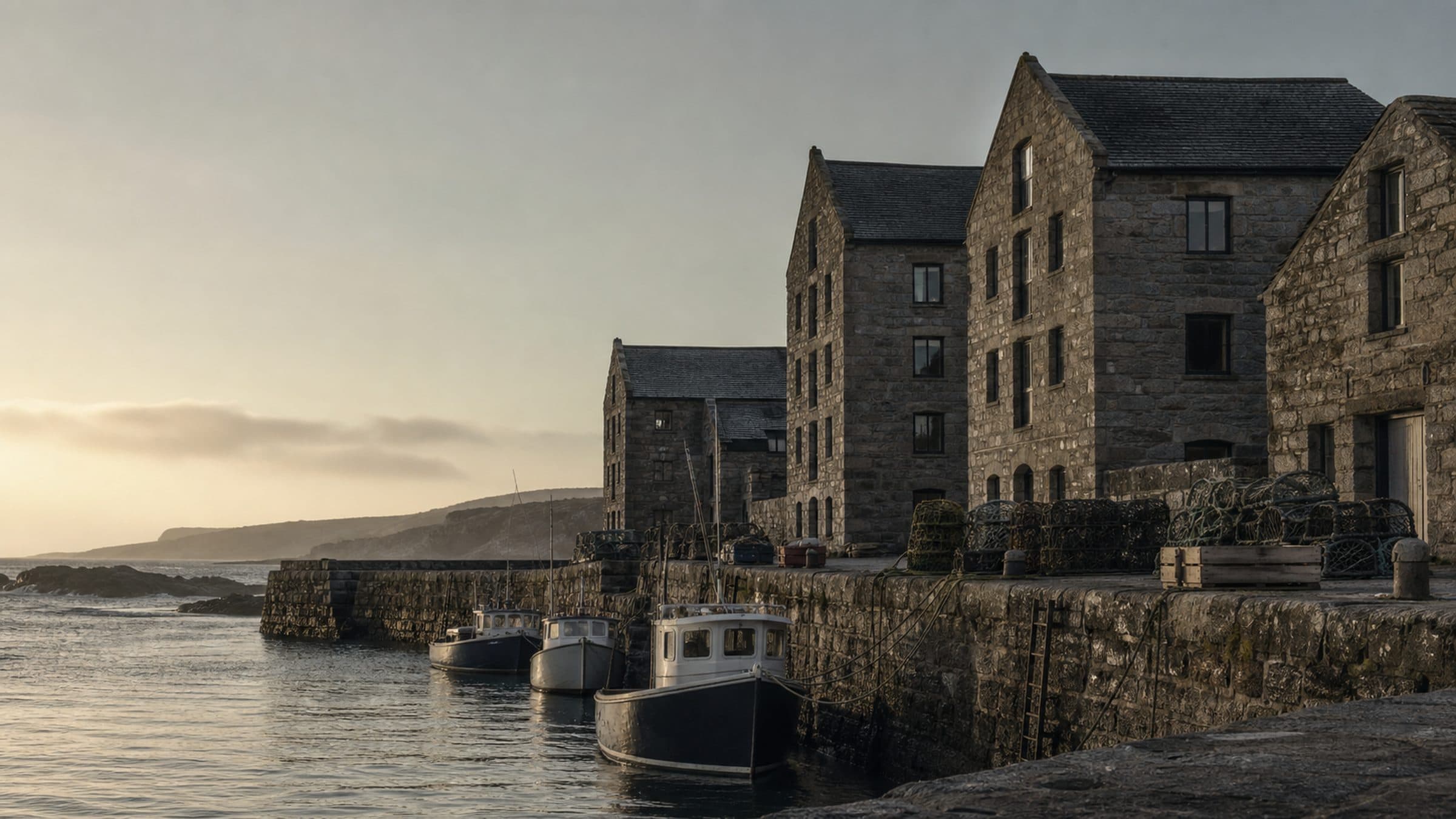 A granite harbour quay at first light with moored fishing boats and tall bonded warehouses behind.