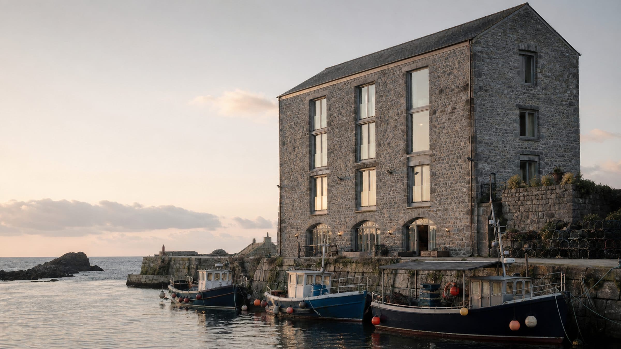 A granite bonded warehouse on a working harbour quay at dawn, with tall restored window openings on its upper floors.