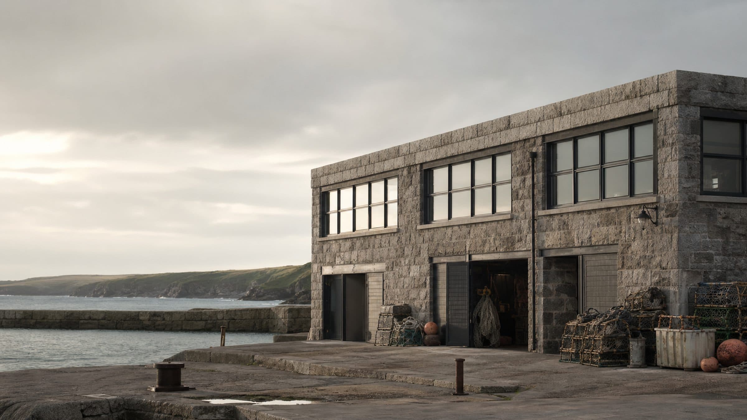 A granite quayside building with steel-framed upper windows and a concealed roof terrace behind its parapet.