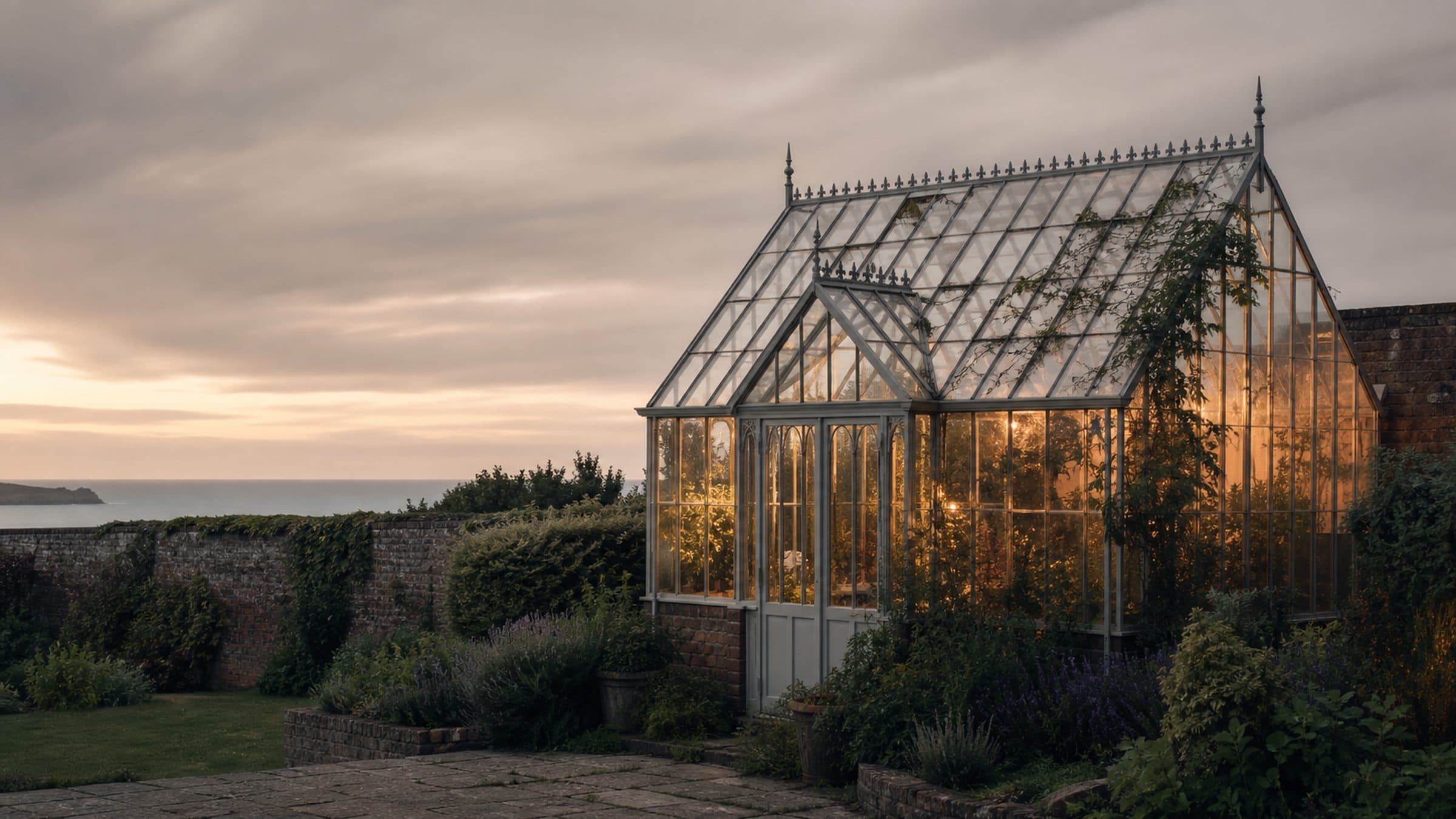 A restored Victorian glasshouse in a walled garden at dusk, warm light inside its cast-iron frame.