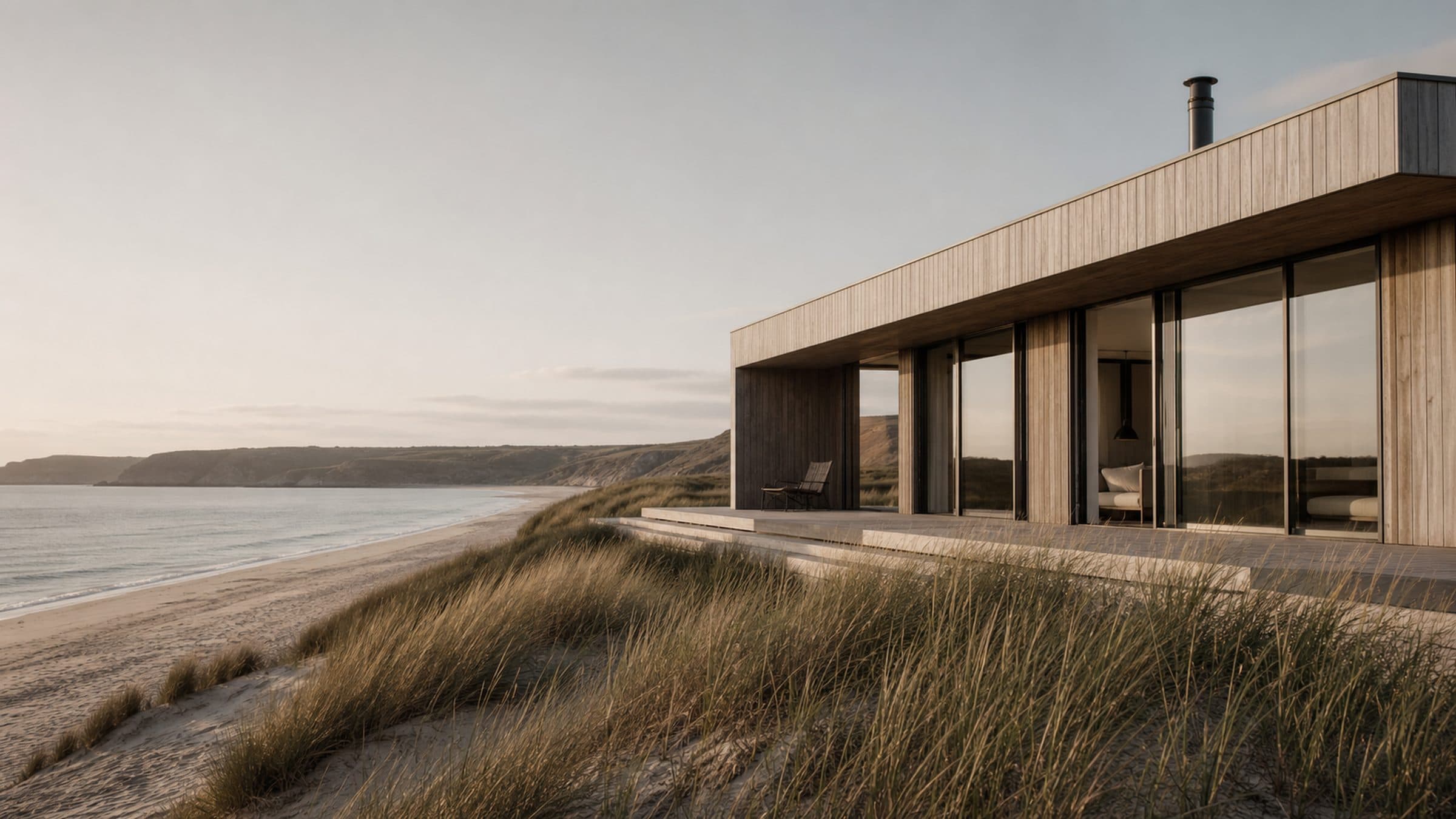 A low larch-clad house behind marram grass on a dune line, its terrace level with the sand of a wide bay.