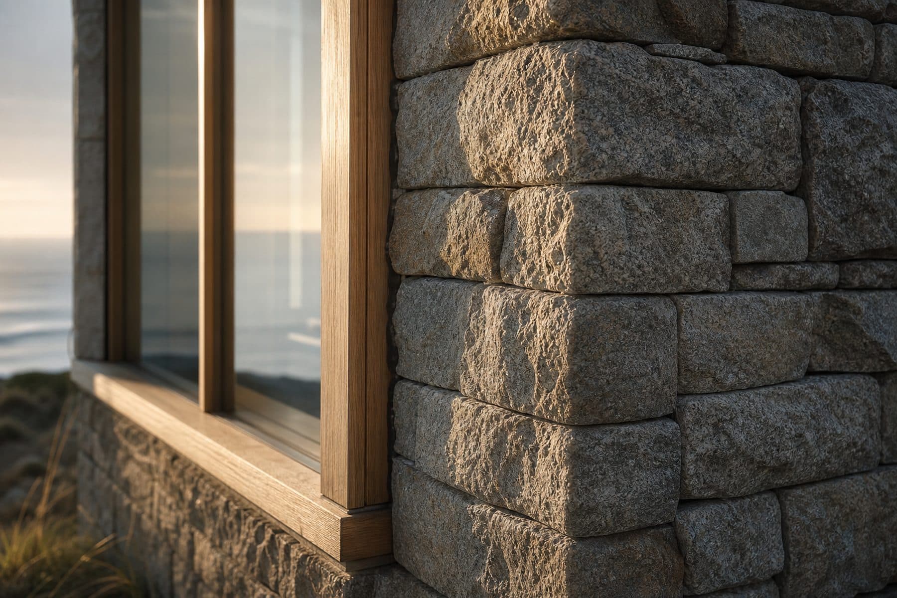 A close view of dry-jointed granite meeting an oak window frame, with low evening light raking across the stone.