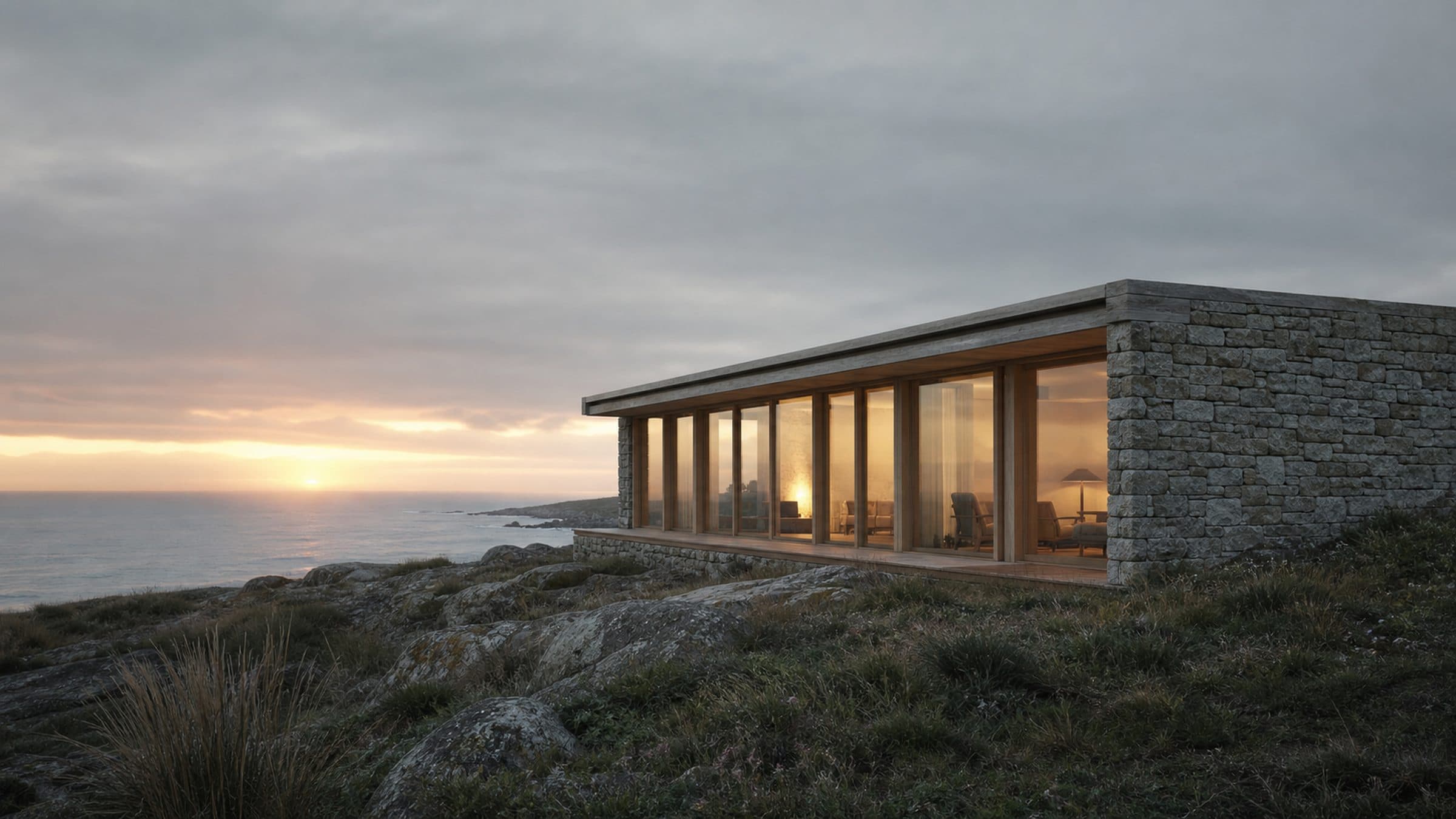 A long, low cliff-top house of granite and oak-framed glass on a headland at dusk, the Atlantic beyond it.