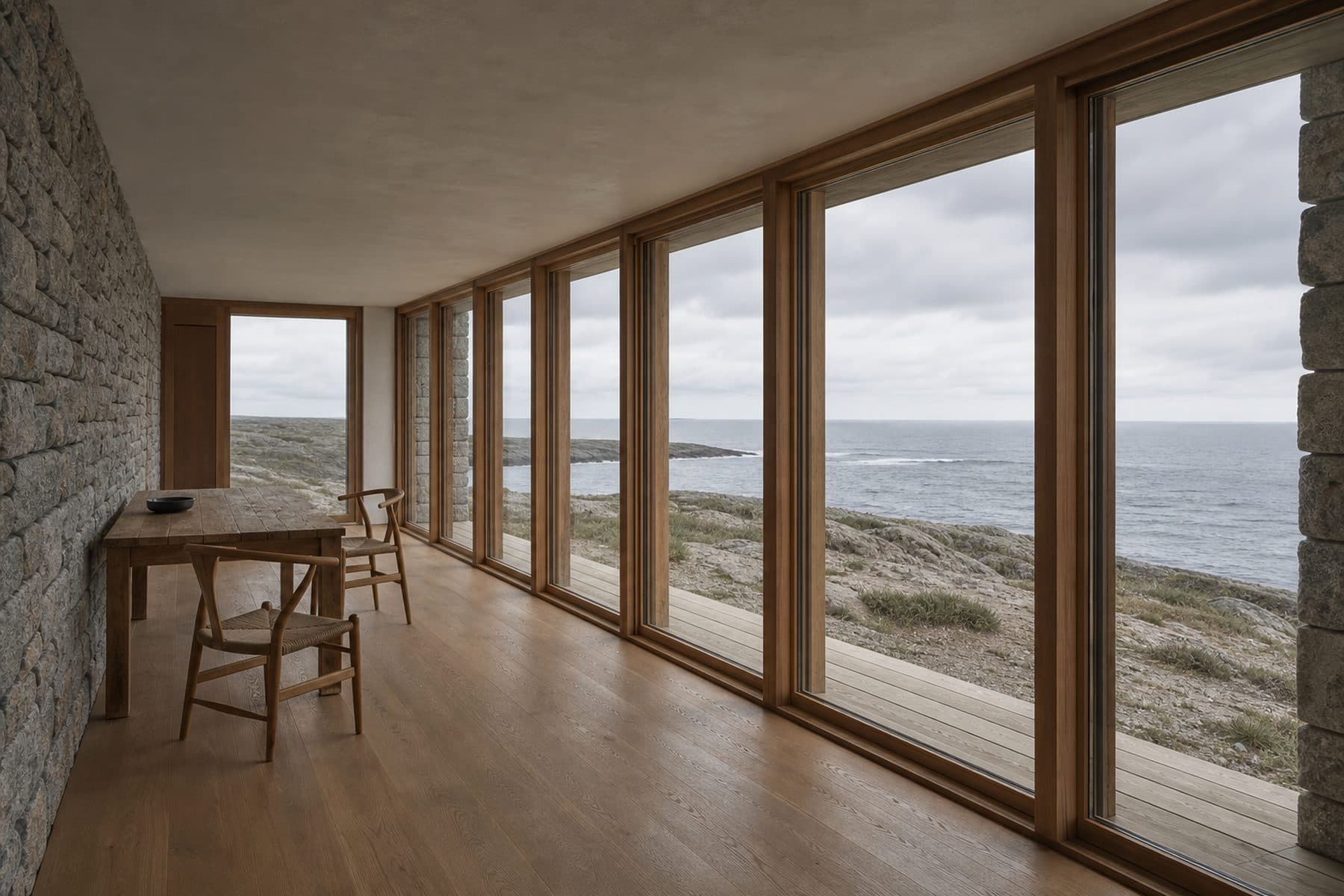 The western living room of Vellan House, with a dry-jointed granite wall, oiled oak floor and full-height glazing onto the sea.
