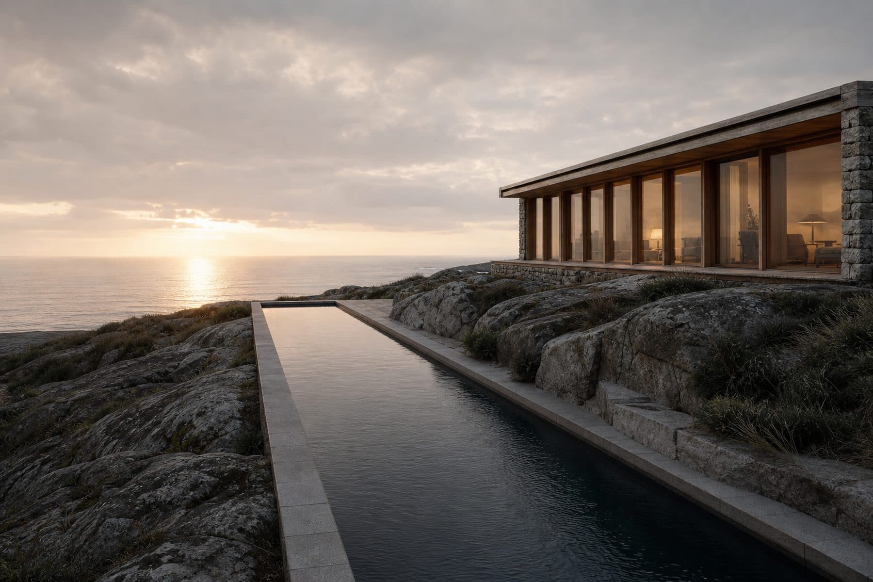 A twenty-metre lap pool cut into a granite quarry shelf beside the house, level with the horizon.