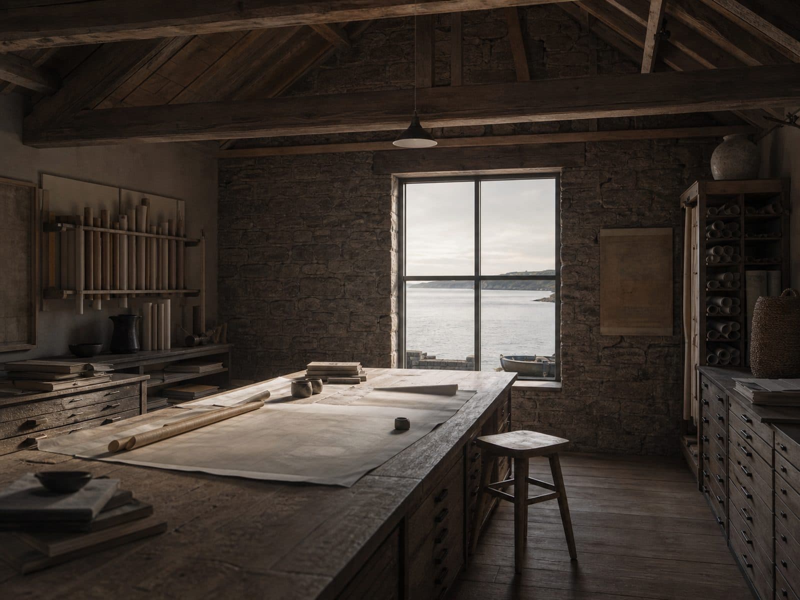 A map room lined with flat files and rolled drawings, lit by a tall quayside window.