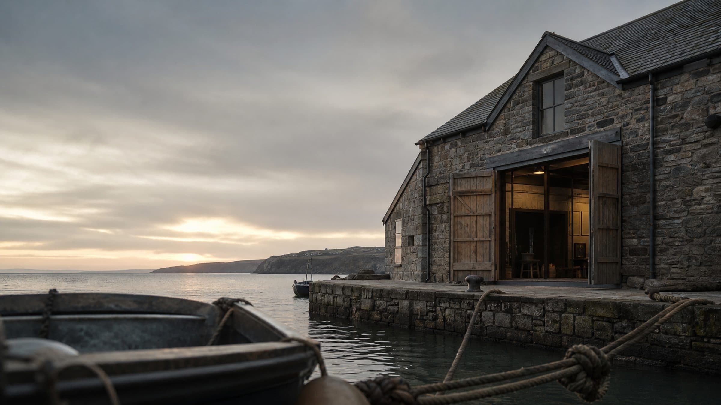 The Velora atelier on Wynstowe quay at first light, its shutters open onto the harbour.