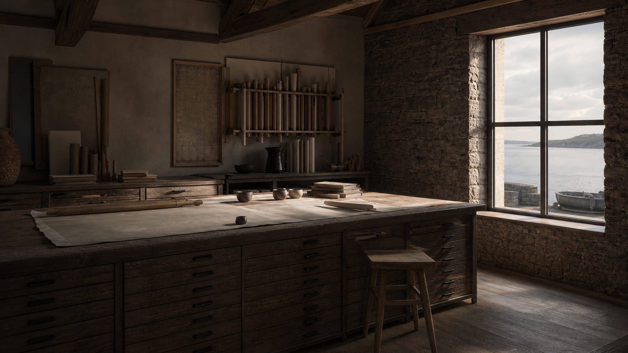 The map room of the Velora atelier, flat files and rolled drawings lit by a tall quayside window.
