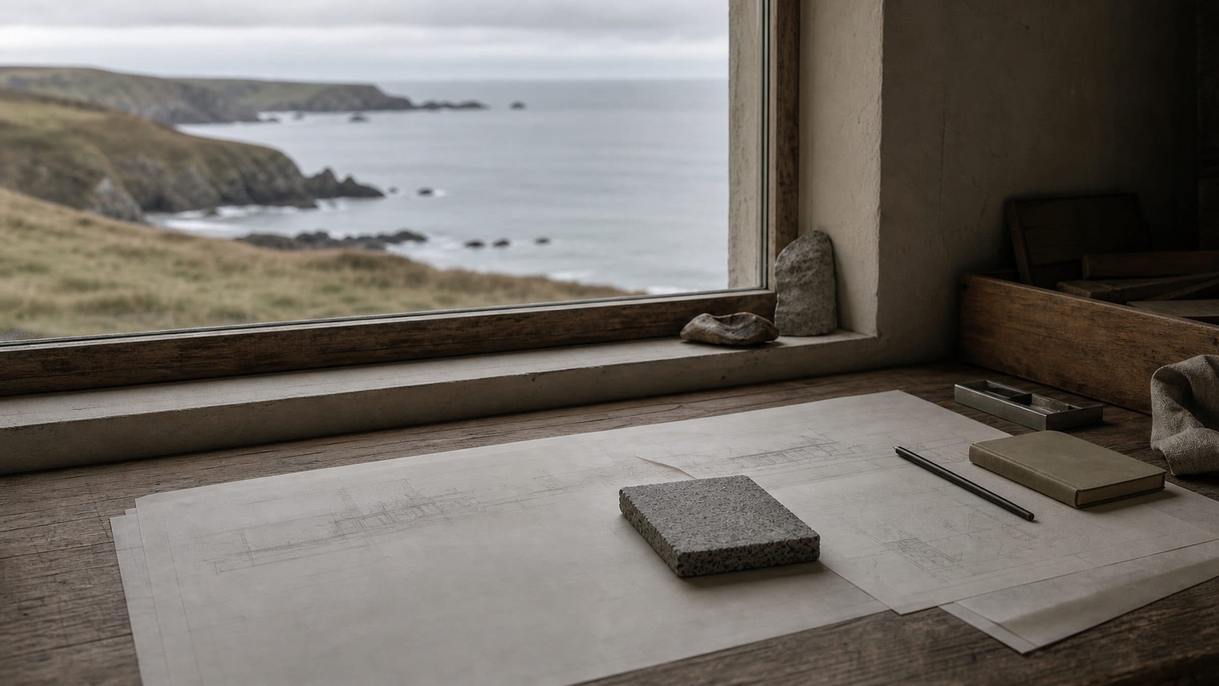 A desk with survey drawings, a stone sample and a notebook, lit by flat north light.