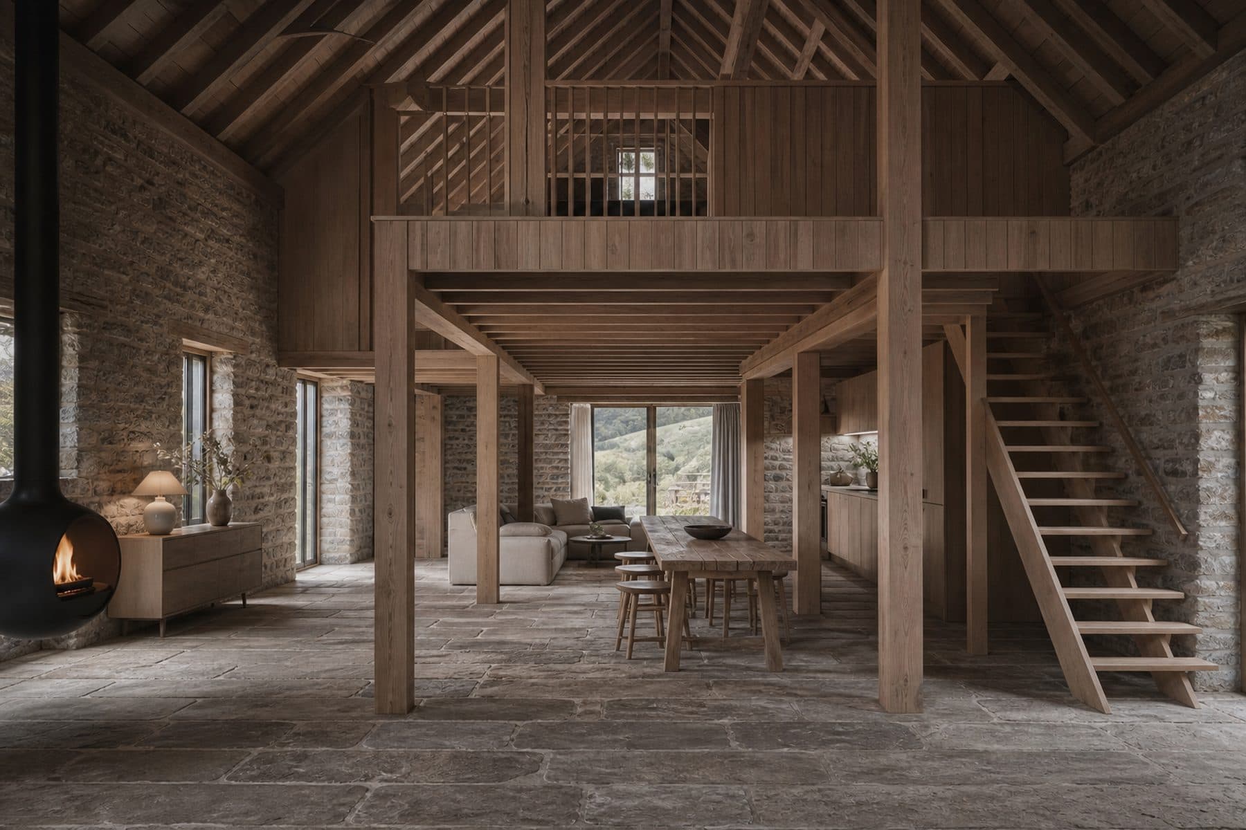 The undivided interior of a stone barn open to its oak trusses, with a freestanding oak structure standing clear of the walls.