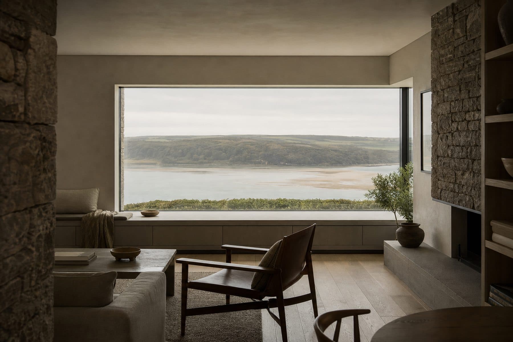 An open living space with oak floors and a long horizontal window framing the estuary.
