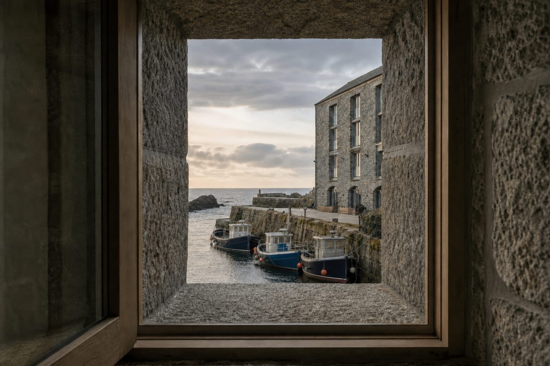 The view from a tall warehouse window across moored fishing boats to the harbour wall.