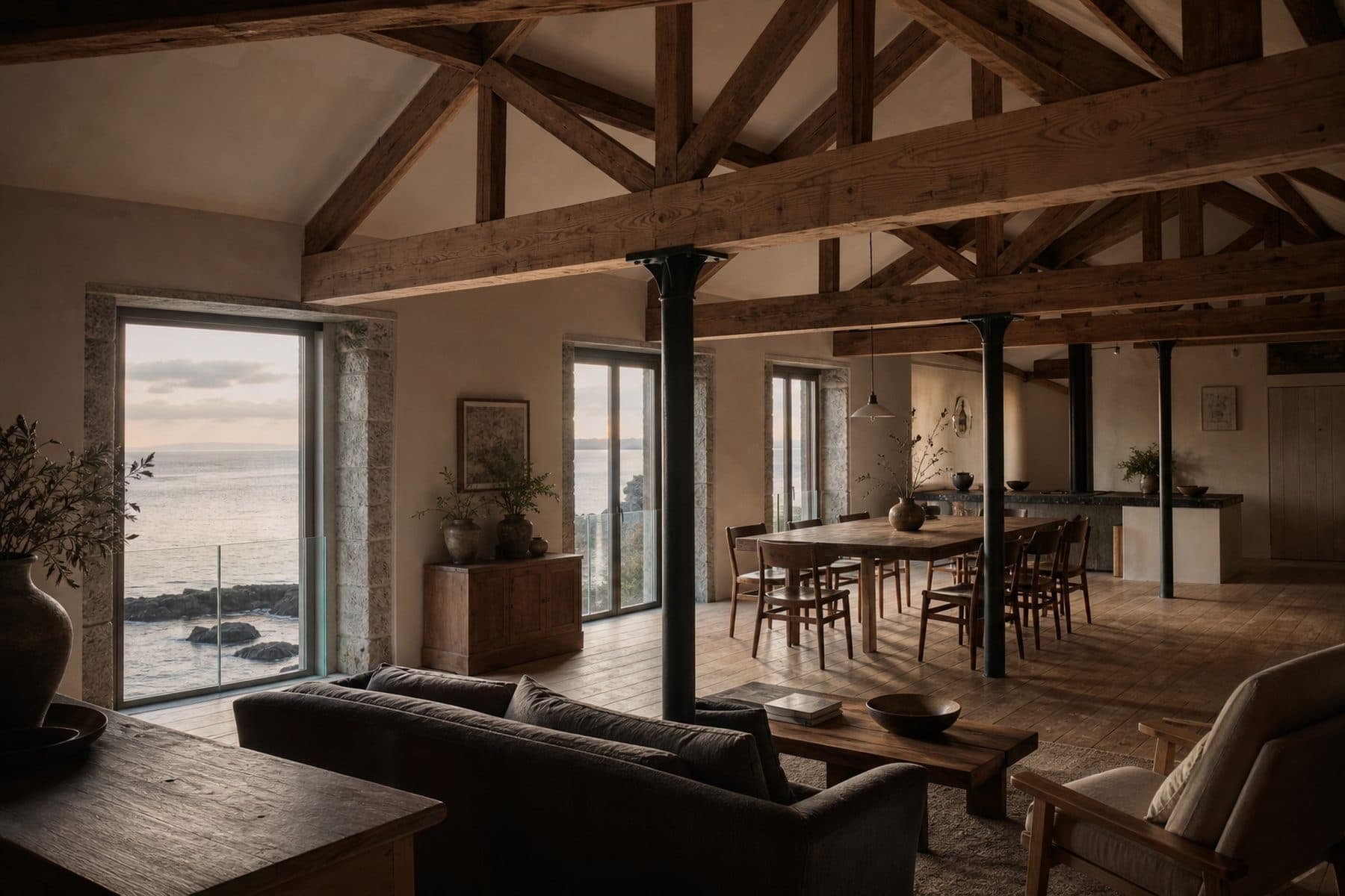 A top-floor living space under a restored king-post roof, with cast-iron columns and pine boards.