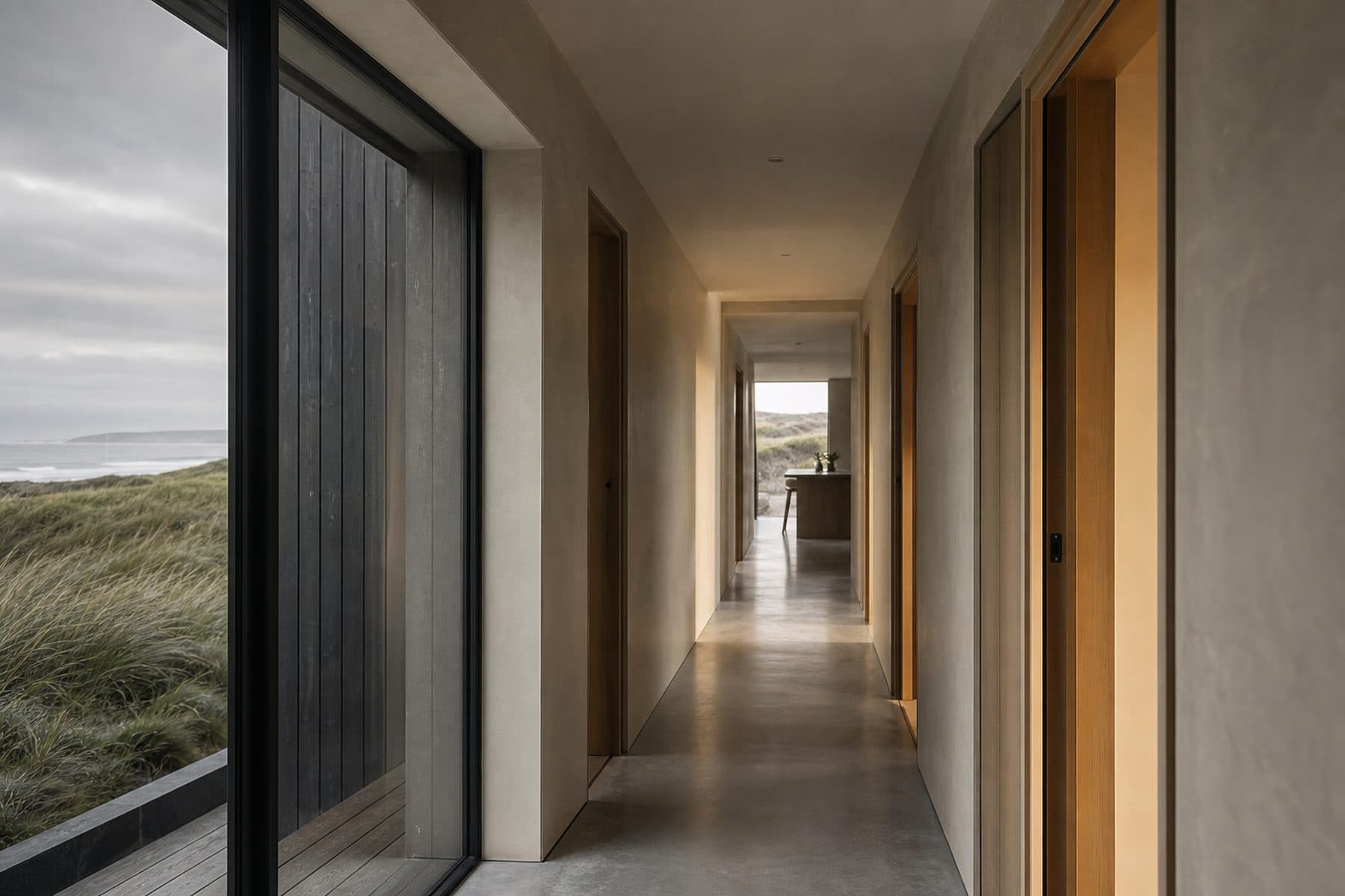 A long interior spine with polished concrete floors and doors opening to north and south light.