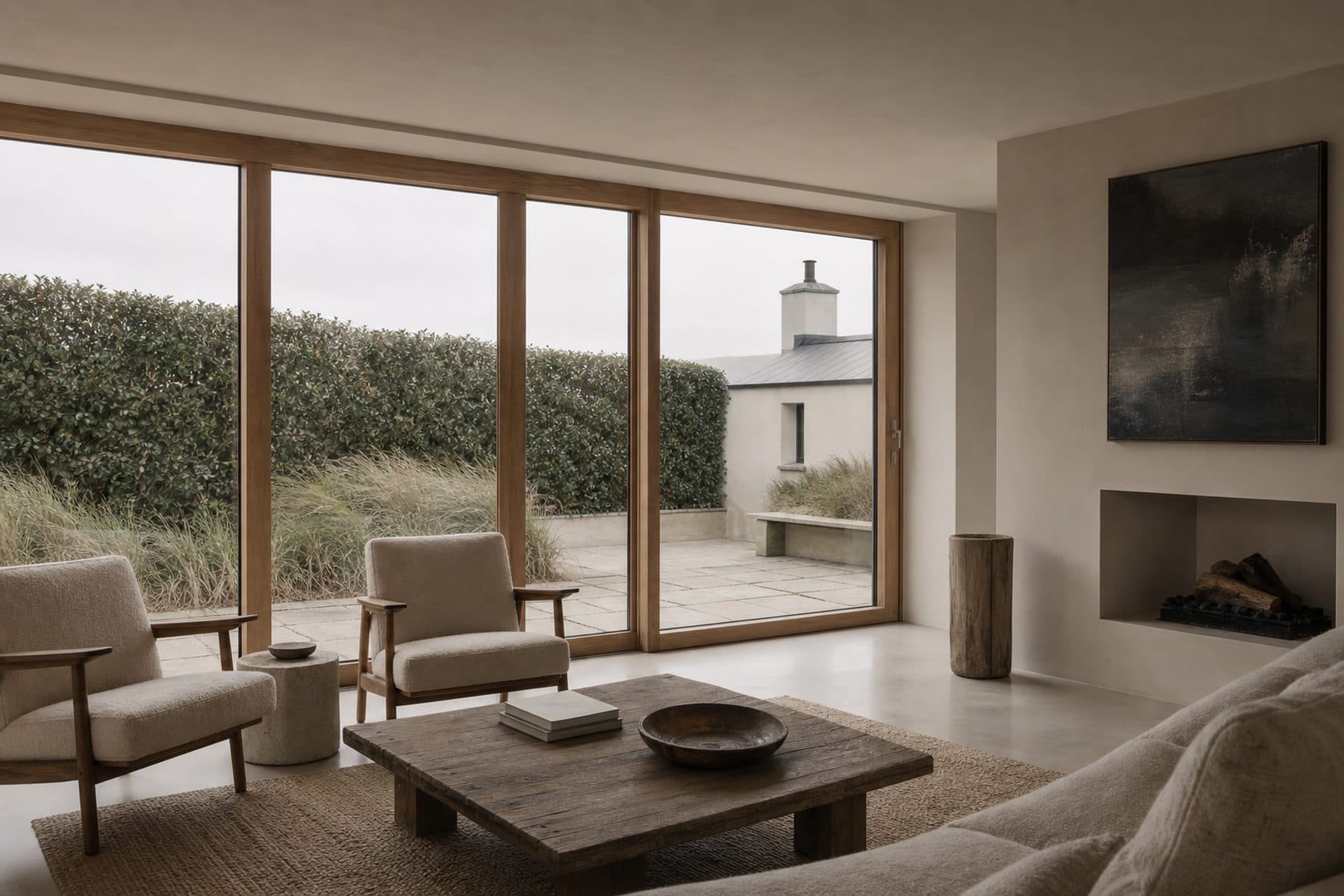 A calm interior with lime concrete floors and full-height timber glazing onto a courtyard.