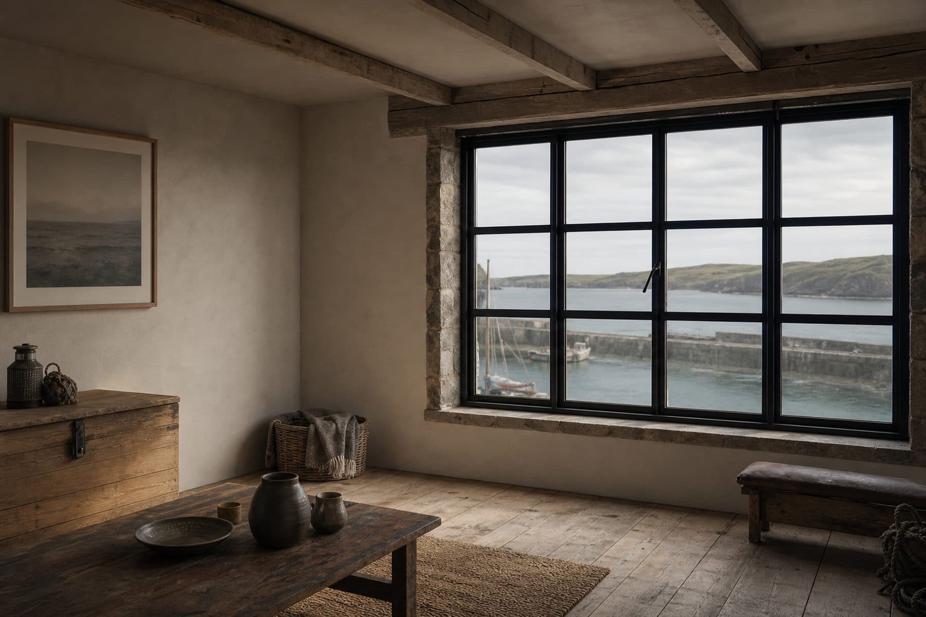 A long harbour-facing room with restored pine boards, a plain plastered wall and a steel-framed window.