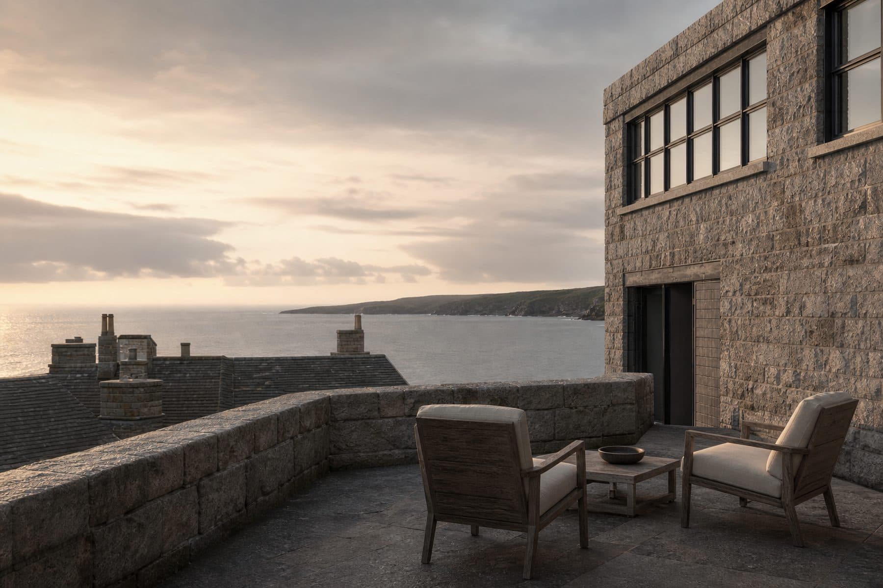 A small roof terrace behind a granite parapet, looking across harbour rooftops to the water.