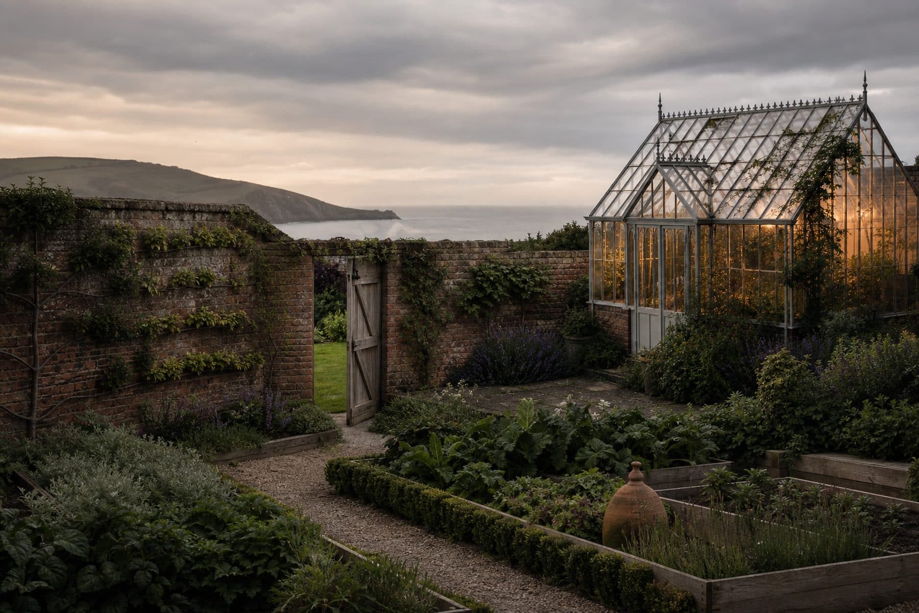 A walled garden in soft valley light, with espaliered fruit against warm brick.
