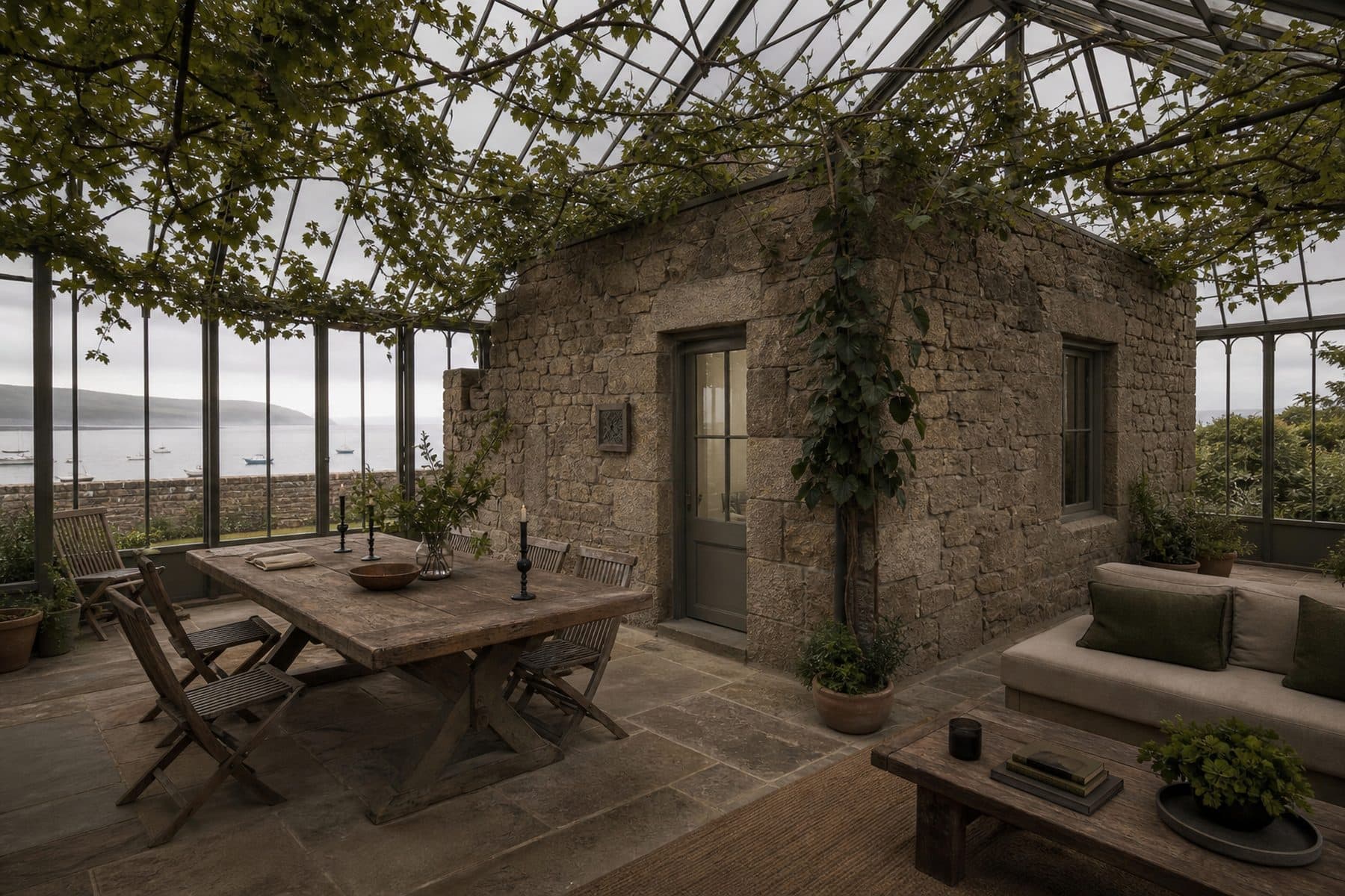 The interior of a glasshouse residence with a masonry pavilion inside the glass envelope and an old vine overhead.