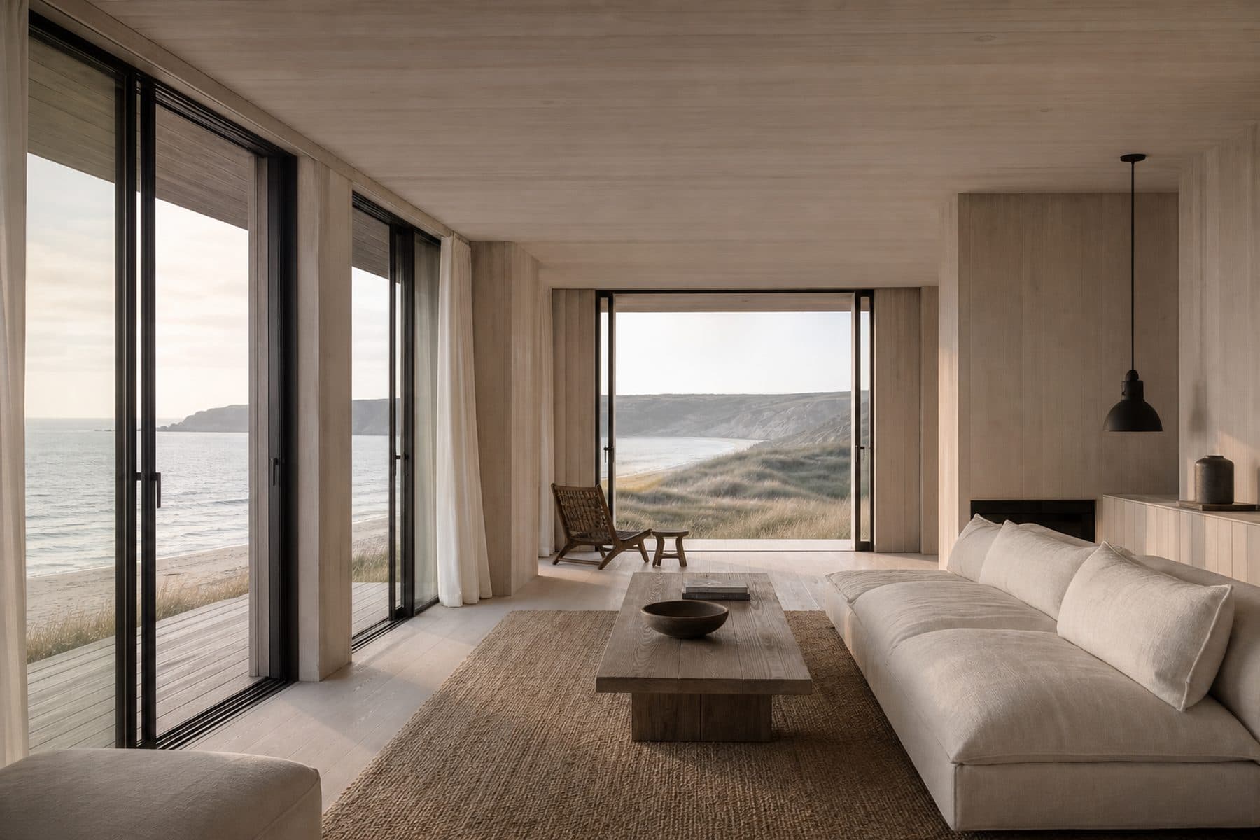 A pale Douglas fir sitting room, one room deep, with open glazing facing the sea and light from both sides.