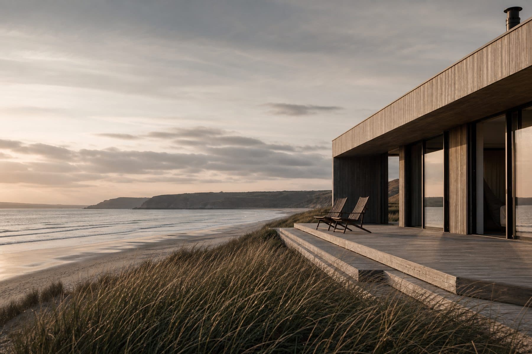 A weathered timber terrace at beach level with marram grass in the foreground and evening light on the water.
